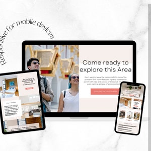 May include: A website design mockup showing a responsive design for mobile devices. The website features a photo of a couple walking in front of a building with a text overlay that says "Come ready to explore this area". The website is displayed on a laptop, tablet, and smartphone.