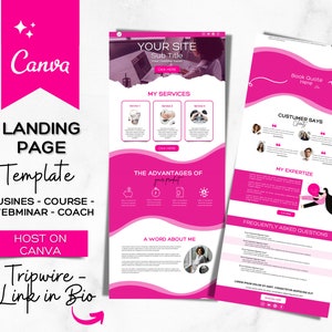 Pu&ograve; includere: Modello di pagina di destinazione rosa e bianca per un'azienda, un corso, un webinar o un coach. Il modello include sezioni per i servizi, i vantaggi, una parola sul proprietario dell'azienda, testimonianze dei clienti, domande frequenti e una call to action per prenotare un preventivo. Il modello &egrave; progettato per essere utilizzato su Canva e condiviso sui social media.