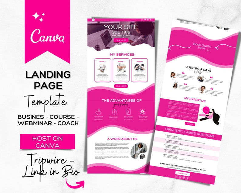 Pu&ograve; includere: Modello di pagina di destinazione rosa e bianca per un'azienda, un corso, un webinar o un coach. Il modello include sezioni per i servizi, i vantaggi, una parola sul proprietario dell'azienda, testimonianze dei clienti, domande frequenti e una call to action per prenotare un preventivo. Il modello &egrave; progettato per essere utilizzato su Canva e condiviso sui social media.