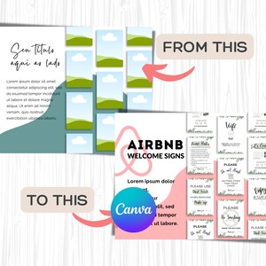 May include: A set of printable Airbnb welcome signs with a green and white floral design. The signs include information about WiFi, house rules, and other helpful tips for guests. The signs are designed to be printed and displayed in a home or rental property.