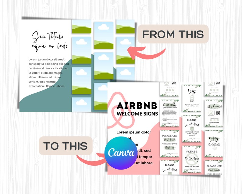 May include: A set of printable Airbnb welcome signs with a green and white floral design. The signs include information about WiFi, house rules, and other helpful tips for guests. The signs are designed to be printed and displayed in a home or rental property.