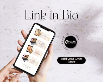 Op de afbeelding: Een smartphone die een mockup van een link in bio-pagina weergeeft met vier klikbare links. De links worden weergegeven op een lichtgele achtergrond met een bloemenpatroon. De tekst "Your Title Here" wordt op elke link weergegeven. De telefoon wordt in de handen van een persoon gehouden. De tekst "Link in Bio" wordt bovenaan de afbeelding weergegeven. De tekst "Free in Canva" wordt weergegeven in een cirkel met het Canva-logo. De tekst "Add your Own Links" wordt onder het Canva-logo weergegeven.
