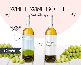 May include: Mockup of two white wine bottles with blank labels. The bottles are on a wooden surface with green grapes. The text "DRAG & DROP" and "Canva" are visible on the image. The text "WHITE WINE BOTTLE MOCKUP" is at the top of the image.