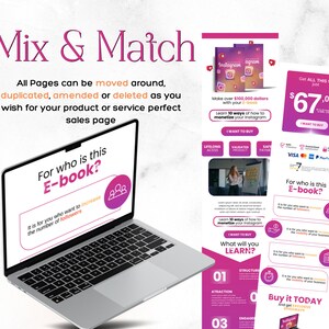 May include: A laptop computer screen displays a pink and white graphic with the text "For who is this E-book?" and "It is for you who want to increase the number of followers". The laptop is on a white marble surface. A pink and white graphic with the text "Instagram" and "Make over $100,000 dollars with your E-book" is on the right side of the image. The graphic also includes a button that says "I want to buy".