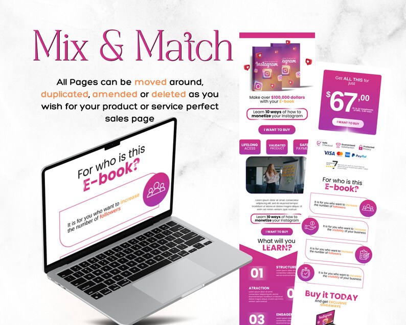May include: A laptop computer screen displays a pink and white graphic with the text "For who is this E-book?" and "It is for you who want to increase the number of followers". The laptop is on a white marble surface. A pink and white graphic with the text "Instagram" and "Make over $100,000 dollars with your E-book" is on the right side of the image. The graphic also includes a button that says "I want to buy".