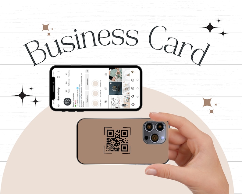 May include: A brown phone case with a black QR code printed on it. The case is being held by a hand in front of a white wooden background. The phone case is designed to fit a smartphone with a triple lens camera.