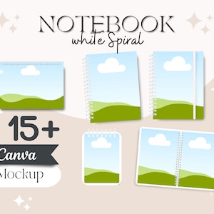 May include: A mockup of 15+ Canva notebook designs featuring a white spiral binding. The notebooks have a blue sky background with a white cloud and green hills. The text "NOTEBOOK white spiral" is at the top of the image. The text "15+ Canva Mockup" is at the bottom of the image.