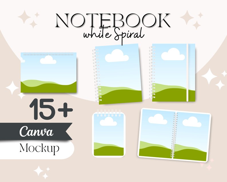 May include: A mockup of 15+ Canva notebook designs featuring a white spiral binding. The notebooks have a blue sky background with a white cloud and green hills. The text "NOTEBOOK white spiral" is at the top of the image. The text "15+ Canva Mockup" is at the bottom of the image.