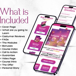 May include: A mockup of a smartphone screen showing a pink and purple marketing page for an e-book about how to make money on Instagram. The page includes the text "Make over $100,000 dollars with your E-book" and "Learn 10 ways of how to monetize your Instagram". There is a button that says "I Want to Buy".