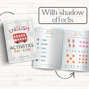 May include: An open book titled "English Activities for Kids" with a red double-decker bus on the cover. The book has two open pages with activities for kids, including a word scramble and a count and mark activity.