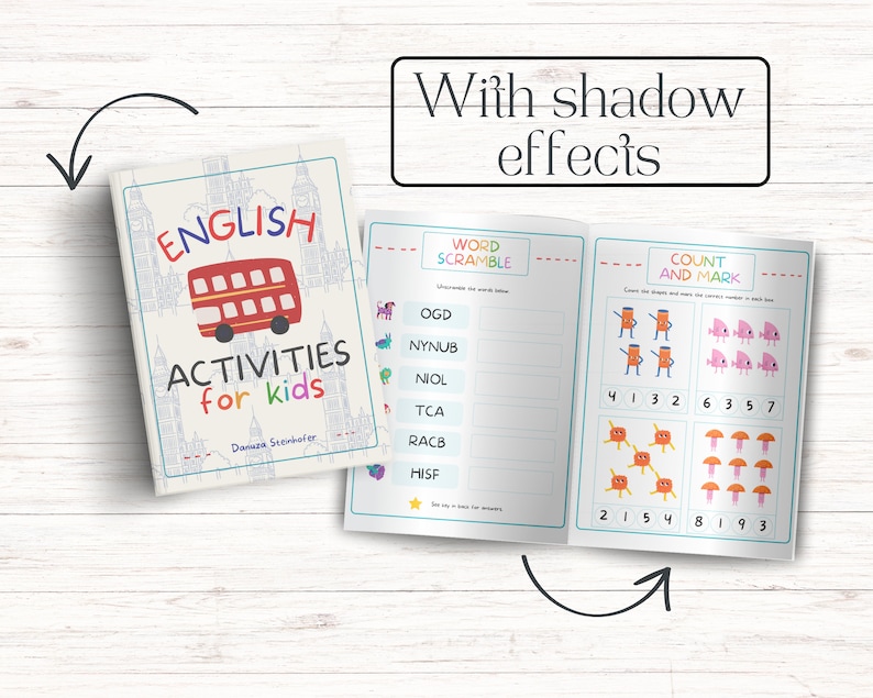 May include: An open book titled "English Activities for Kids" with a red double-decker bus on the cover. The book has two open pages with activities for kids, including a word scramble and a count and mark activity.