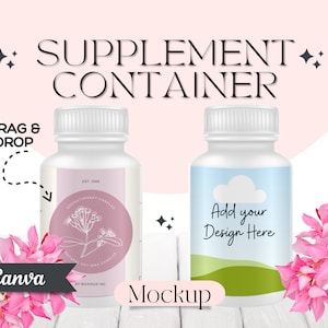 May include: Mockup of two white supplement containers with labels. The container on the left has a pink label with a floral design and the text "Aromatherapy Candles" and "Natural Soy Wax Candles". The container on the right has a blue label with a cloud and the text "Add your Design Here".