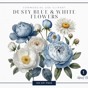 Dusty Blue and white Clipart, | SINGLE IMAGE | wedding flowers, Blue Flower Bouquet, Commercial License, Watercolor flower, PNG, Sublimation