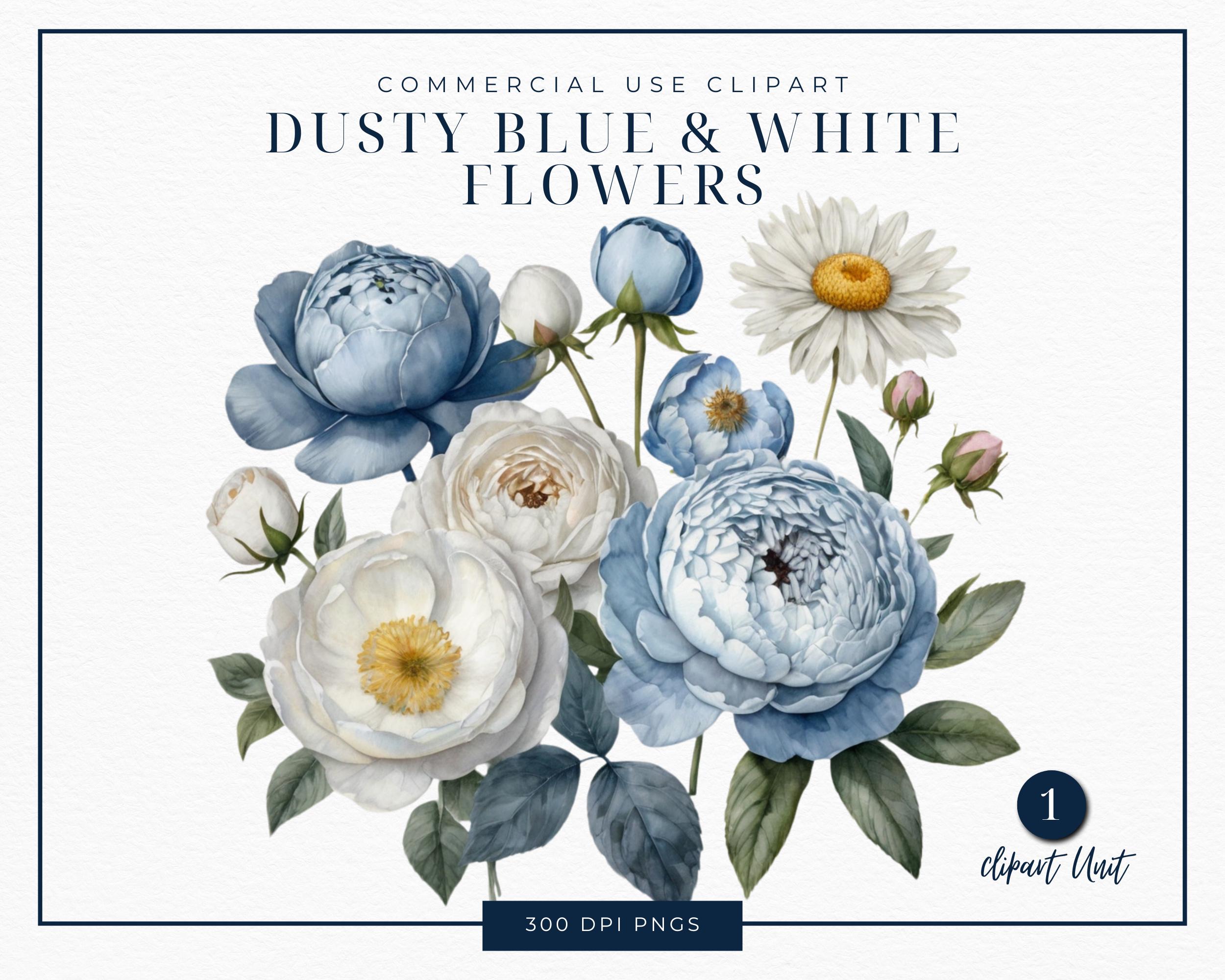 Dusty Blue and white Clipart, | SINGLE IMAGE | wedding flowers, Blue Flower Bouquet, Commercial License, Watercolor flower, PNG, Sublimation