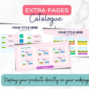 May include: A pink and blue digital marketing template with the text "EXTRA PAGES Catalogue" in a pink box. The template includes two pages with the text "YOUR TITLE HERE Subtitle here" and a section titled "WHAT WE OFFER" with four boxes that say "Our Product", "Our Programs", "Our Services", and "Our Promo".