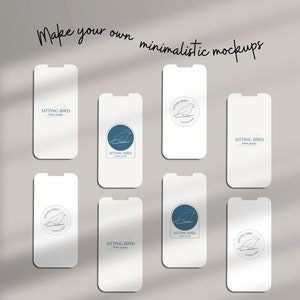 May include: Nine mockups of a smartphone displaying a logo for a business called "Sitting Bird". The logo features a stylized line drawing of a bird sitting on a branch inside a circle. Some mockups show the logo in a blue circle, while others show the logo in black and white.
