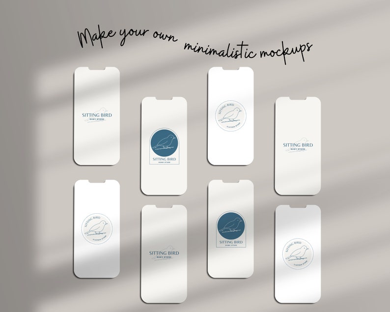 May include: Nine mockups of a smartphone displaying a logo for a business called "Sitting Bird". The logo features a stylized line drawing of a bird sitting on a branch inside a circle. Some mockups show the logo in a blue circle, while others show the logo in black and white.