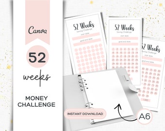May include: Printable 52-week money saving challenge tracker with pink and white circles. The tracker is designed to be used in a binder. The text on the tracker says "52 Weeks Saving Challenge" and "Start Date" and "Goal End Date". The text on the bottom of the page says "Instant Download" and "A6".