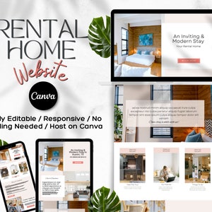 May include: A website mockup for a rental home business. The website features a modern design with images of a bedroom and a living room. The text on the website says "An Inviting & Modern Stay" and "Your Rental Home".
