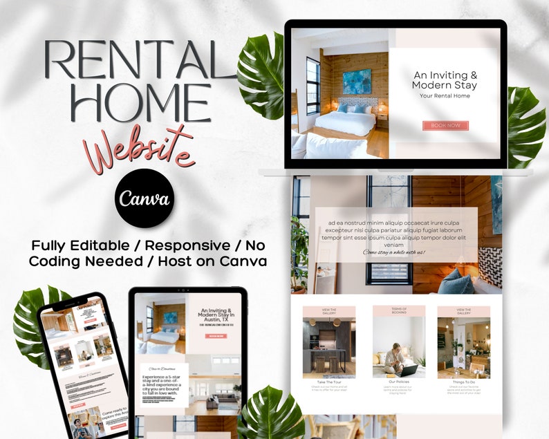 May include: A website mockup for a rental home business. The website features a modern design with images of a bedroom and a living room. The text on the website says "An Inviting & Modern Stay" and "Your Rental Home".