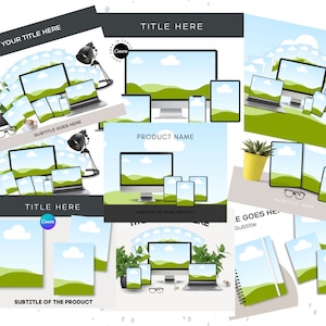 May include: A mockup of various devices displaying a landscape image of a green field with white clouds against a blue sky. The devices include a desktop computer, laptop, tablet, and smartphone. The image is surrounded by various office supplies, such as a lamp, glasses, and a coffee cup.