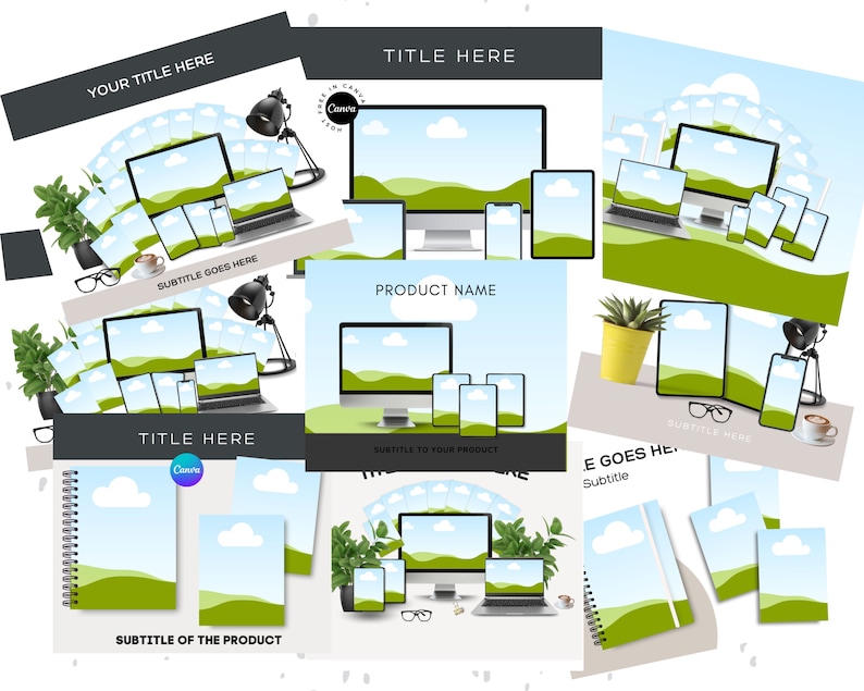 May include: A mockup of various devices displaying a landscape image of a green field with white clouds against a blue sky. The devices include a desktop computer, laptop, tablet, and smartphone. The image is surrounded by various office supplies, such as a lamp, glasses, and a coffee cup.