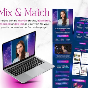 Puede incluir: Una pantalla de computadora port&aacute;til que muestra a una mujer hablando en un video. El texto en la pantalla dice "Mix & Match" y "Todas las p&aacute;ginas se pueden mover, duplicar, modificar o eliminar como desee para su p&aacute;gina de ventas perfecta de productos o servicios".