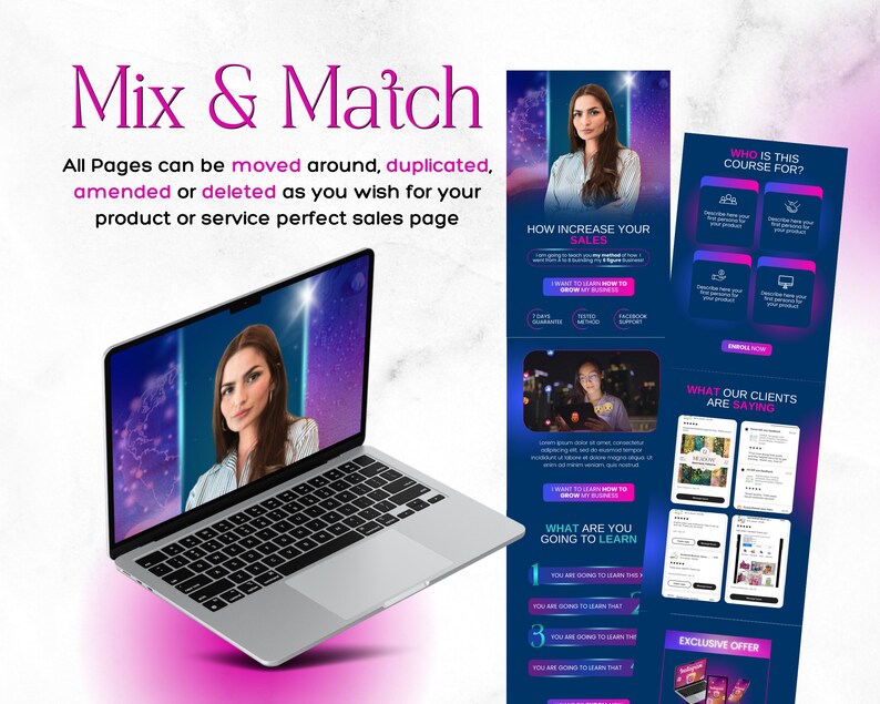 Puede incluir: Una pantalla de computadora port&aacute;til que muestra a una mujer hablando en un video. El texto en la pantalla dice "Mix & Match" y "Todas las p&aacute;ginas se pueden mover, duplicar, modificar o eliminar como desee para su p&aacute;gina de ventas perfecta de productos o servicios".