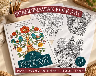 Libro para colorear de arte popular escandinavo, paquete de páginas para colorear de flores folclóricas, diseños bohemios folclóricos, libro para colorear imprimible para adultos, arte lineal relajante.