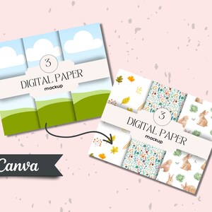 May include: A mockup of three digital paper designs. The designs feature a white background with different patterns. One design has a pattern of fall leaves, another has a pattern of small flowers and leaves, and the third has a pattern of bunnies and cabbage.