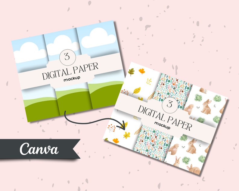 May include: A mockup of three digital paper designs. The designs feature a white background with different patterns. One design has a pattern of fall leaves, another has a pattern of small flowers and leaves, and the third has a pattern of bunnies and cabbage.