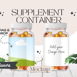 May include: Two clear plastic bottles filled with yellow capsules. The bottles have white lids and white labels. The label on the left bottle has a blue sky and green grass design. The label on the right bottle says "Add your Design Here".