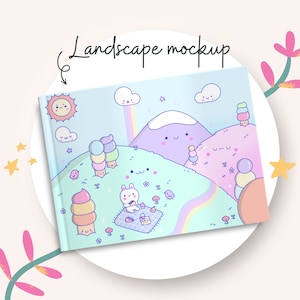 May include: A landscape mockup featuring a cute cartoon scene with a bunny rabbit having a picnic in a field with mountains, clouds, and ice cream cones. The text "Landscape Mockup" is written above the image.