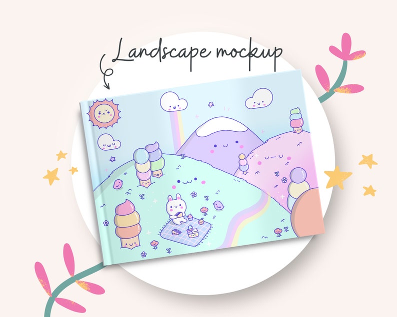 May include: A landscape mockup featuring a cute cartoon scene with a bunny rabbit having a picnic in a field with mountains, clouds, and ice cream cones. The text "Landscape Mockup" is written above the image.