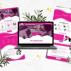 Pu&ograve; includere: Un modello di design di sito web rosa e bianco con il testo "YOUR SITE Sub Title" e "MY SERVICES". Il sito web &egrave; visualizzato su un computer portatile.