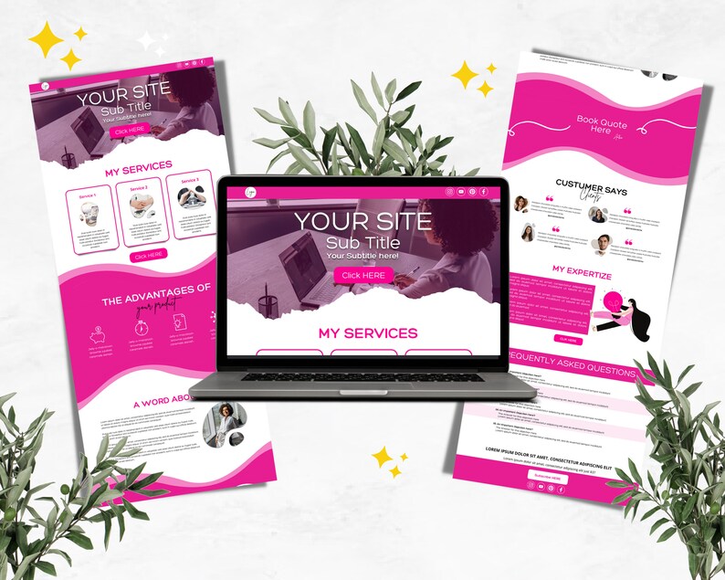 Pu&ograve; includere: Un modello di design di sito web rosa e bianco con il testo "YOUR SITE Sub Title" e "MY SERVICES". Il sito web &egrave; visualizzato su un computer portatile.