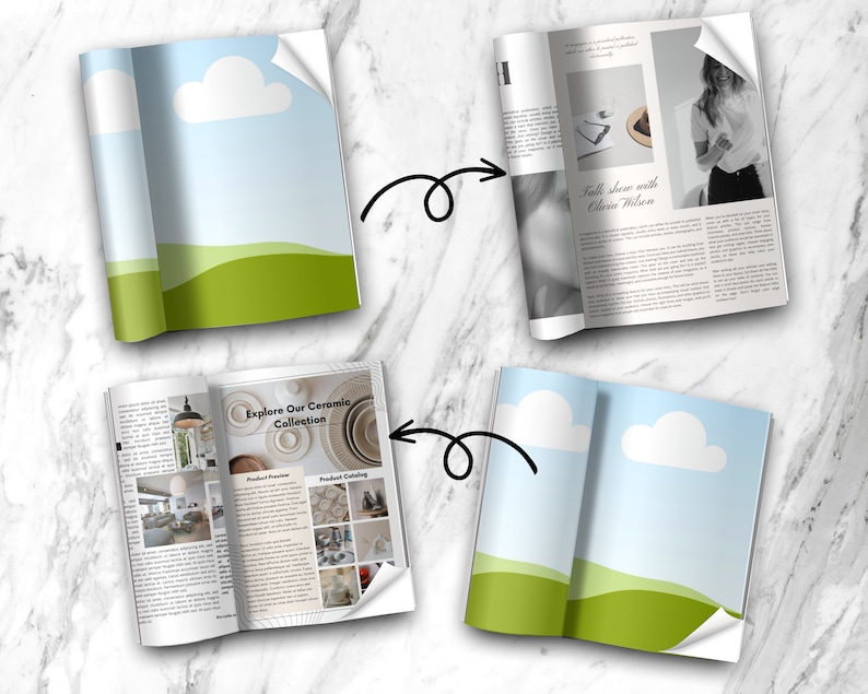 May include: Open magazine spread featuring a product catalog for ceramic home decor. The catalog features a variety of ceramic items, including plates, bowls, and vases. The text on the page reads "Explore Our Ceramic Collection".