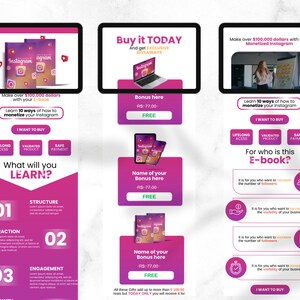 May include: A pink and white digital marketing infographic with the text "Buy it TODAY" and "Make over $100,000 dollars with your Monetized Instagram". The infographic includes a laptop, a woman, and a series of steps for monetizing an Instagram account.