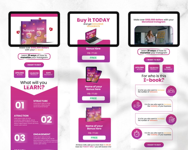 May include: A pink and white digital marketing infographic with the text "Buy it TODAY" and "Make over $100,000 dollars with your Monetized Instagram". The infographic includes a laptop, a woman, and a series of steps for monetizing an Instagram account.