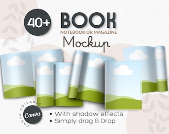 May include: A digital mockup set featuring 40+ book, notebook, or magazine templates with shadow effects. The text reads 40+ BOOK NOTEBOOK OR MAGAZINE Mockup, Canva, and With shadow effects Simply drag & Drop. The pages display a blue sky and green hills.
