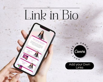 Puede incluir: Un teléfono inteligente que muestra una página de enlace en la biografía con un esquema de color rosa y blanco. La página presenta una foto de una mujer y enlaces a varios contenidos. El texto "Link in Bio" se muestra en la parte superior de la imagen. El texto "FREE IN CANVA HOST Canva" se muestra en un círculo alrededor de un círculo negro con la palabra "Canva" en texto blanco. El texto "Add your Own Links" se muestra debajo del círculo.