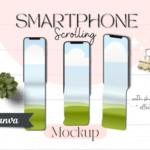 May include: Mockup of three black smartphones with white screens showing a scrolling effect. The screens show a blue sky with white clouds and a green grassy field. The text "Smartphone Scrolling" and "Canva Mockup" are visible on the image.