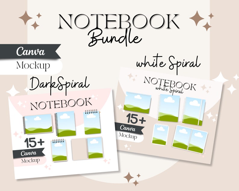 May include: A digital download of 15+ Canva mockups for notebooks with dark and white spiral designs. The mockups feature a green and blue landscape with clouds. The text "NOTEBOOK" is featured in the image.