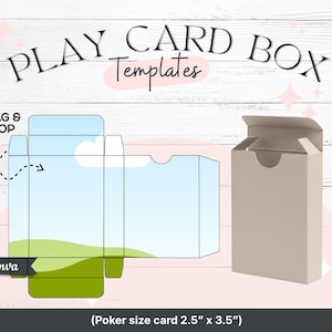 Könnte beinhalten: Eine Vorlage für eine Spielkartenbox mit dem Text "PLAY CARD BOX Templates". Das Design umfasst eine Box-Umriss mit Himmel- und Gras-Hintergrund und eine Poker-Kartengröße von 6,35 cm x 8,89 cm. Eine fertige Box ist ebenfalls abgebildet.