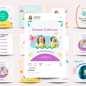 May include: A social media post for a children's clothing brand. The post features a pink, yellow, and blue color scheme with a cartoon sun and flowers. The text reads "Summer Collection" and "Enjoy 20% off selected items".