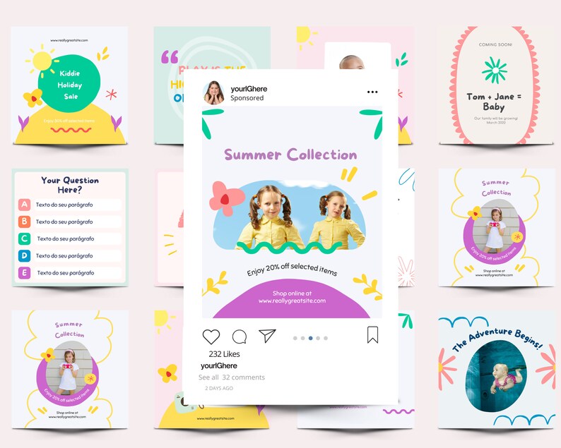May include: A social media post for a children's clothing brand. The post features a pink, yellow, and blue color scheme with a cartoon sun and flowers. The text reads "Summer Collection" and "Enjoy 20% off selected items".