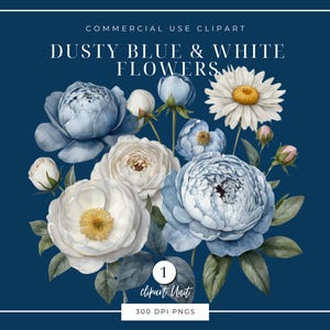 Dusty Blue and white Clipart, | SINGLE IMAGE | wedding flowers, Blue Flower Bouquet, Commercial License, Watercolor flower, PNGs