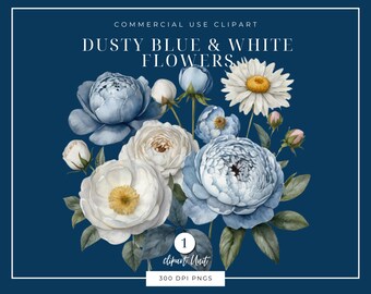 Dusty Blue and white Clipart, | SINGLE IMAGE | wedding flowers, Blue Flower Bouquet, Commercial License, Watercolor flower, PNGs