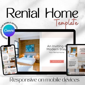 May include: A mockup of a website template for a rental home. The template is shown on a laptop, tablet, and smartphone. The website features a modern design with a light background and a call to action button that says "Book Now". The text on the website says "An Inviting & Modern Stay, Your Rental Home".