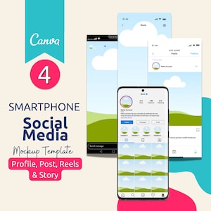 May include: Mockup template for a smartphone social media app. The template shows a profile, post, reels, and story. The profile shows a user's name, a profile picture, a bio, and a follow button. The post shows a grid of images. The reels show a video. The story shows a photo. The template is designed to help users create engaging social media content.